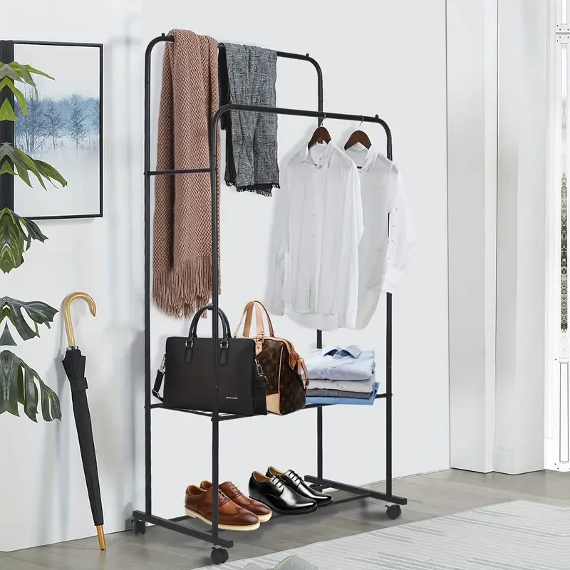 Mobile Double Rail Clothes Rack with Storage Shelves