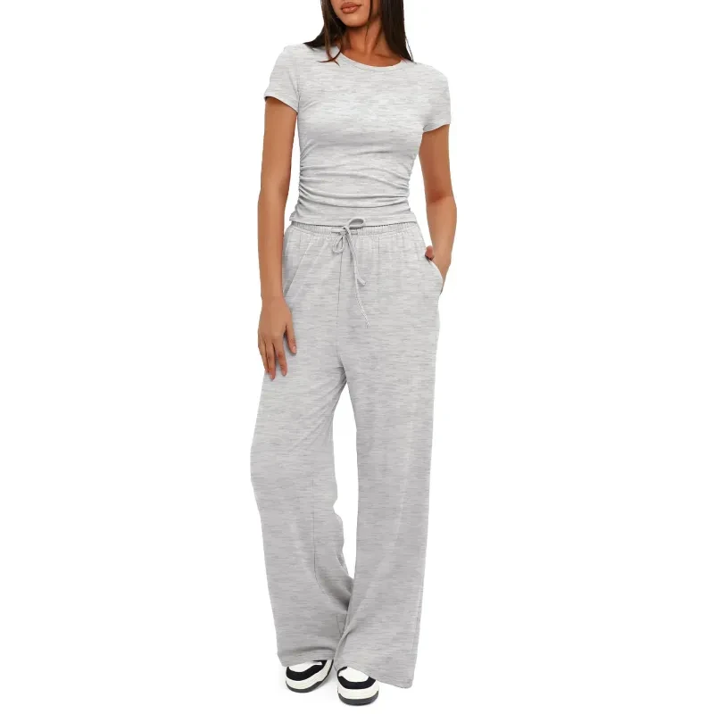Solid Color Yoga Set: Short-sleeve Top & High-waisted Wide-leg Pants