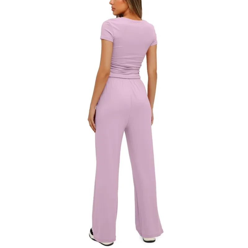 Solid Color Yoga Set: Short-sleeve Top & High-waisted Wide-leg Pants