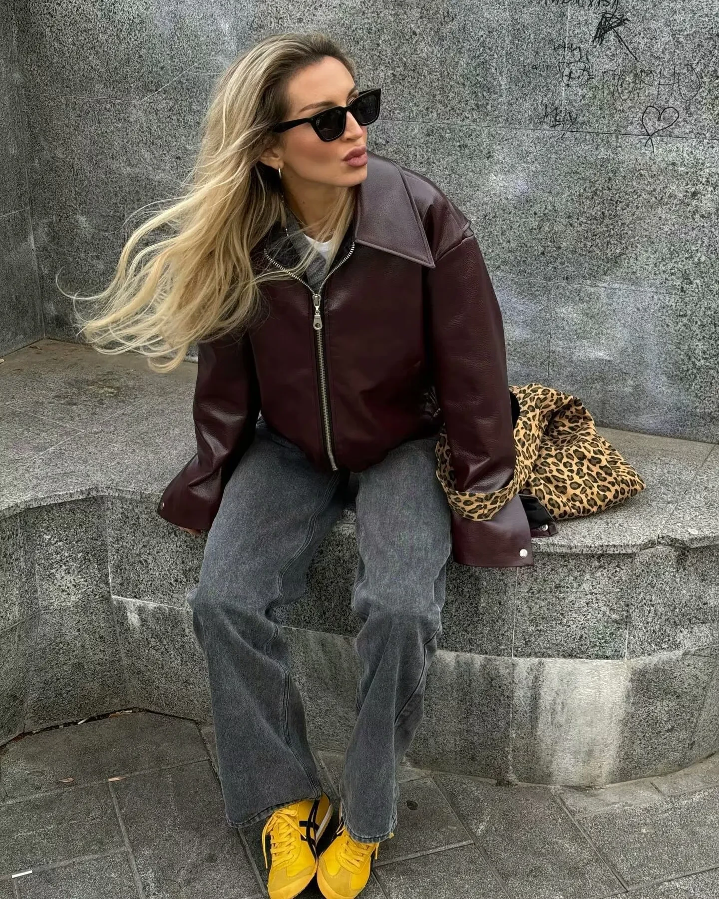 Solid Color Lapel Zipper Jacket Fashion Casual Long Sleeve Leather Coat Tops Women Clothing