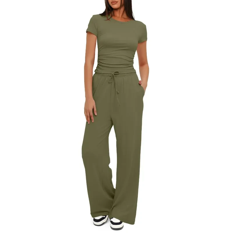 Solid Color Yoga Set: Short-sleeve Top & High-waisted Wide-leg Pants