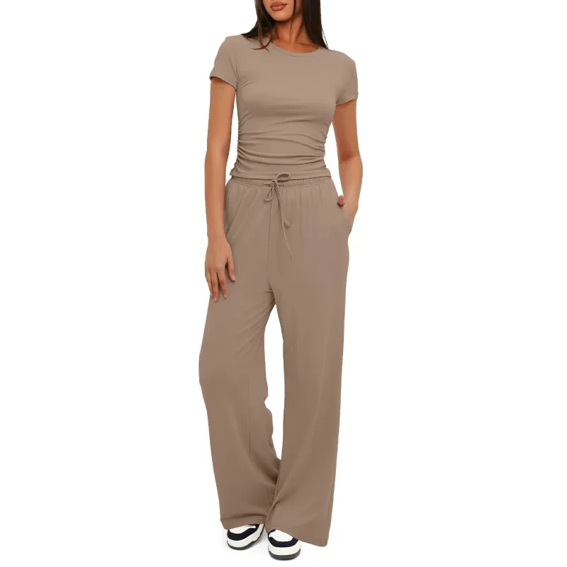 Solid Color Yoga Set: Short-sleeve Top & High-waisted Wide-leg Pants