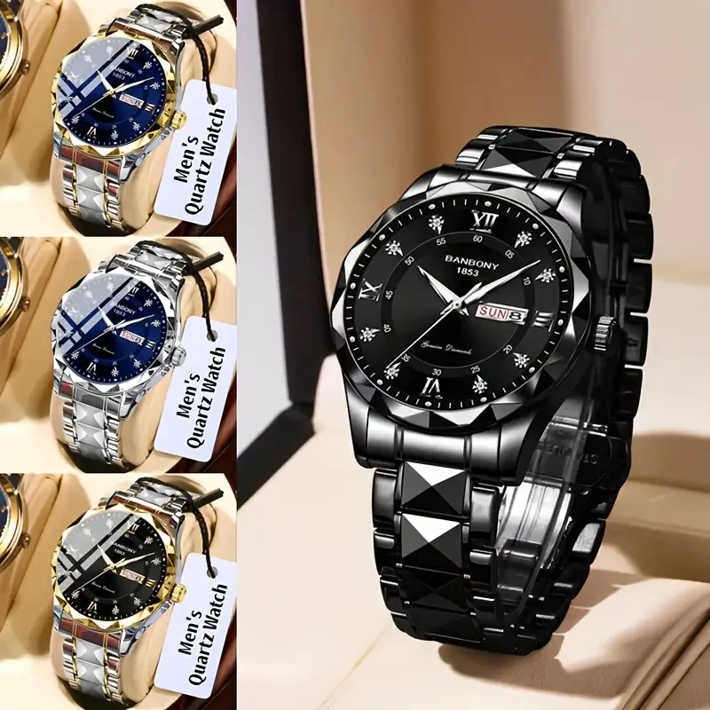 1pc Luxury Stainless Steel Multifunctional Watch - Roman Numerals Dial, Rhinestones Accents, Luminous Hands, Water-Resistant, Ideal Birthday, Holiday, Anniversary Gift for Men