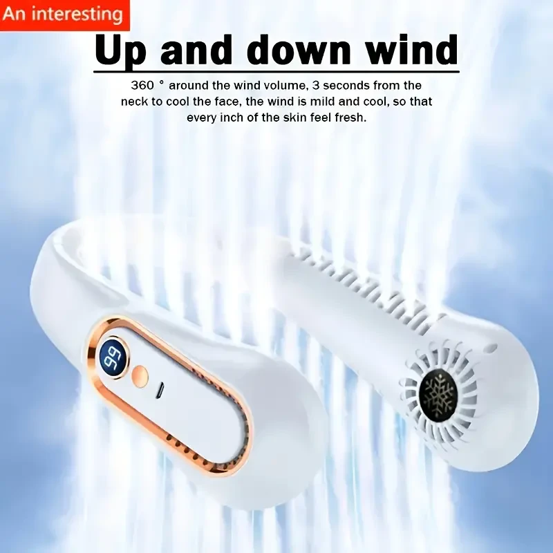 Bladeless Hanging Neck Fan - Portable USB Rechargeable Cooler with 5 Wind Speeds and Digital Display