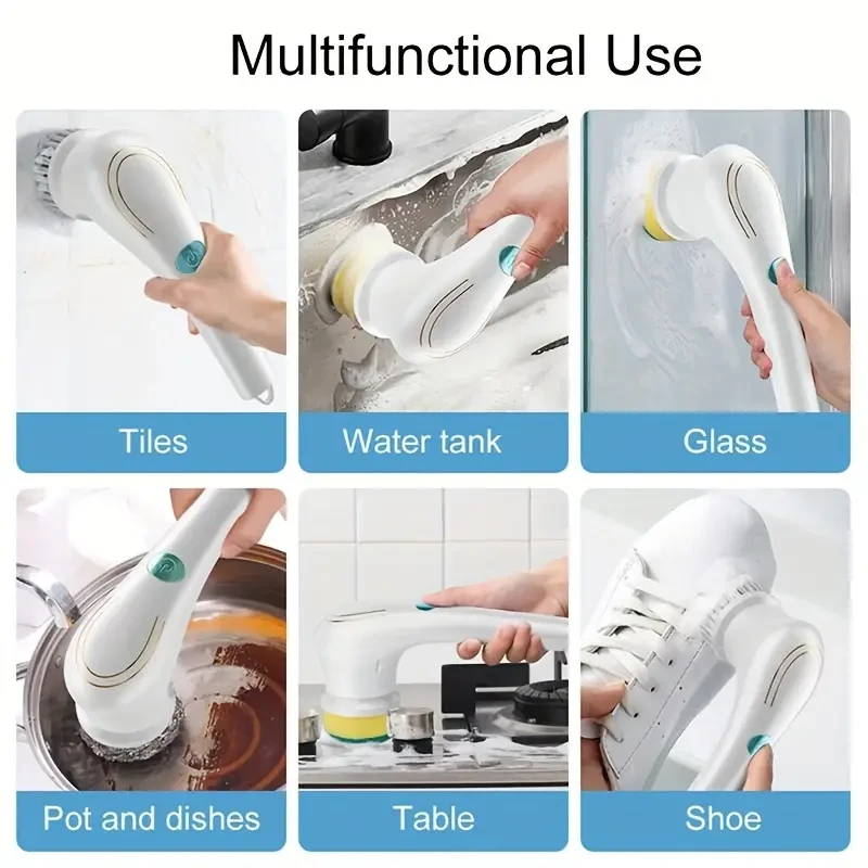 Electric Scrubber With 5 Replaceable Brush Heads,