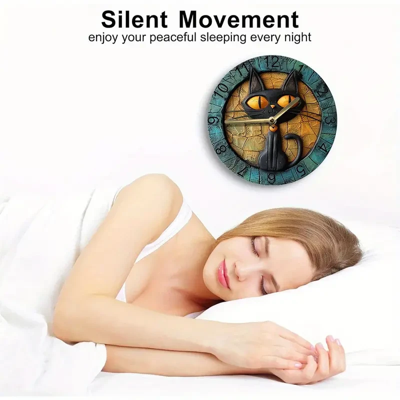Silent 8x8" Aluminum Wall Clock with Black Cat Design