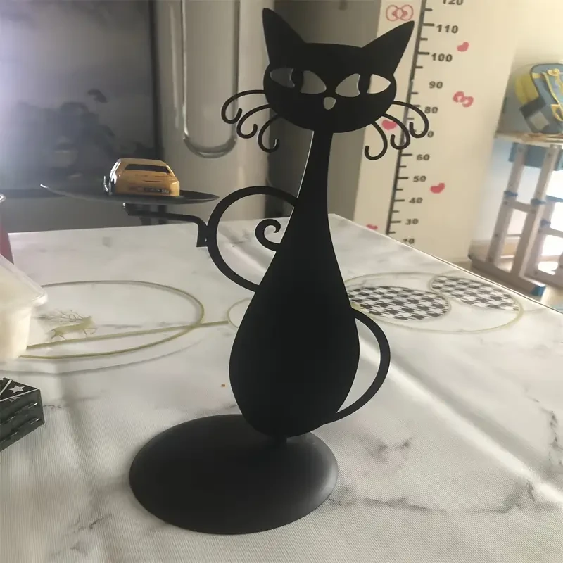 1pc Whimsical Black Metal Cat Candle Holder