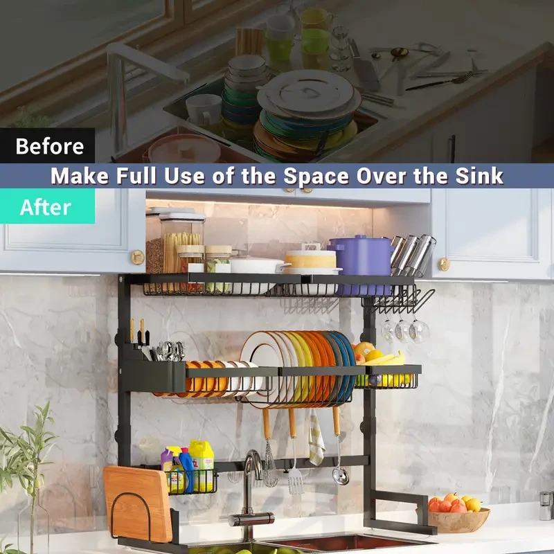 Three-Tier Kitchen Storage Rack - Spacious Sink Rack with Bowl Plate Warehouse, Knife Holder, and Retractable Adjustment
