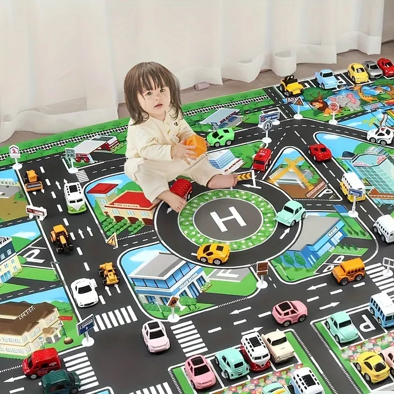 City Traffic Play Mat - Large Non-Woven Waterproof Interactive Road Map for Kids