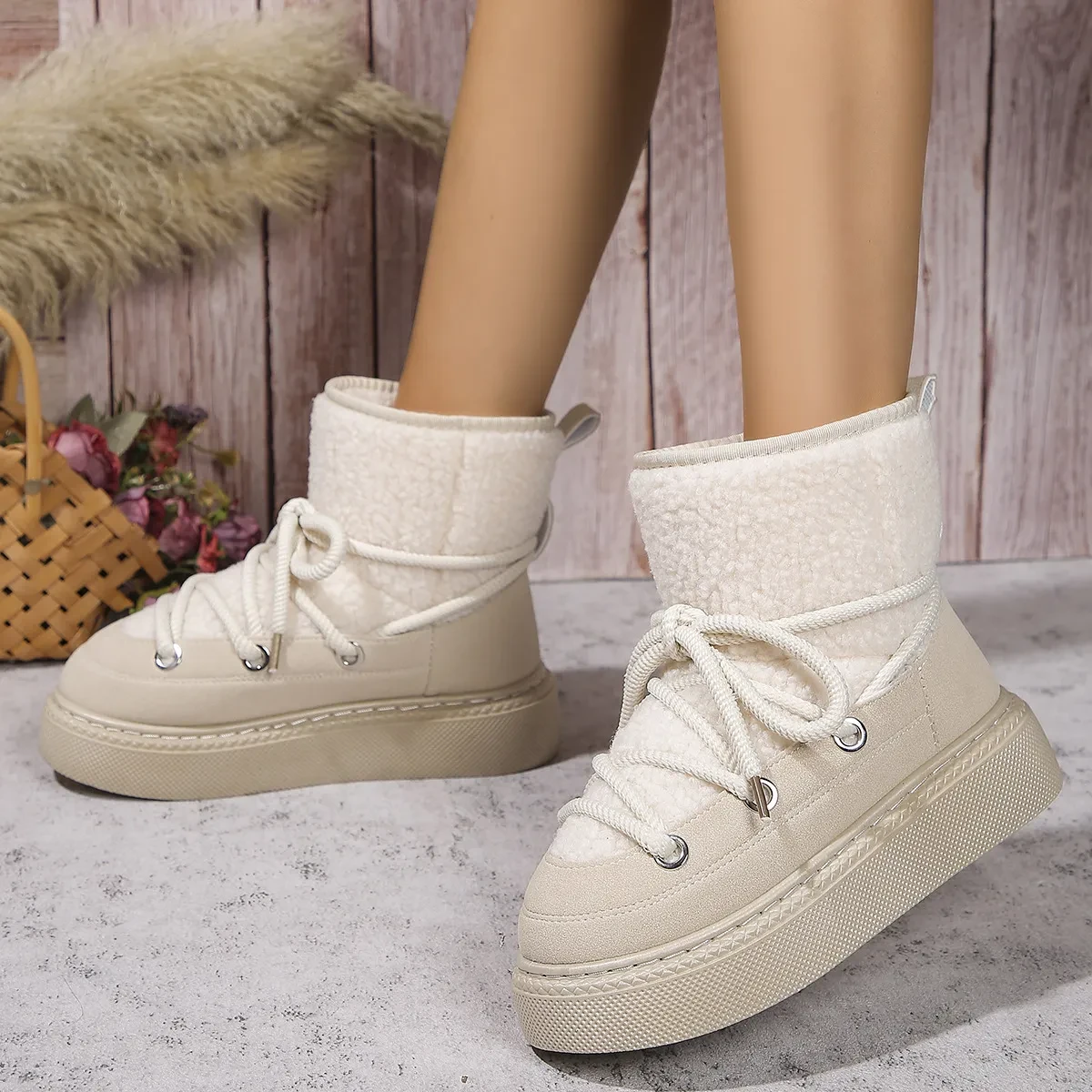 Lace-up Snow Boots Winter Flat Thick-soled Height-enhancing Cotton Shoes