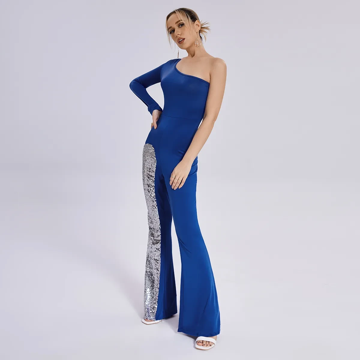 Leg Jumpsuit Mesh One Sleeve Flared