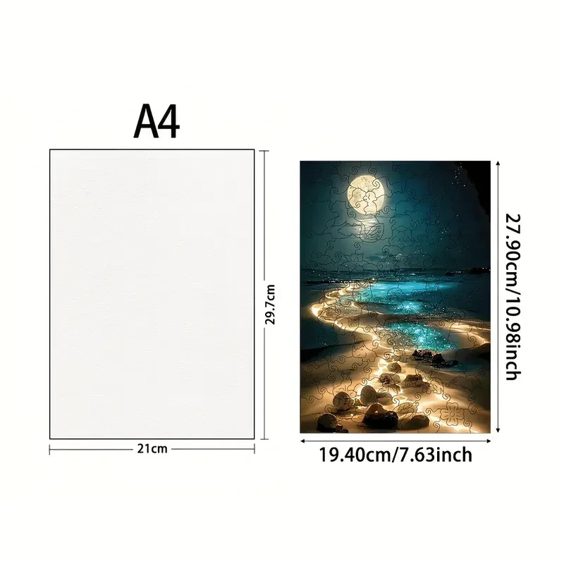 Unique Moonlit Beach Wooden Puzzle - Animal-Shaped Brain Teaser for Adults