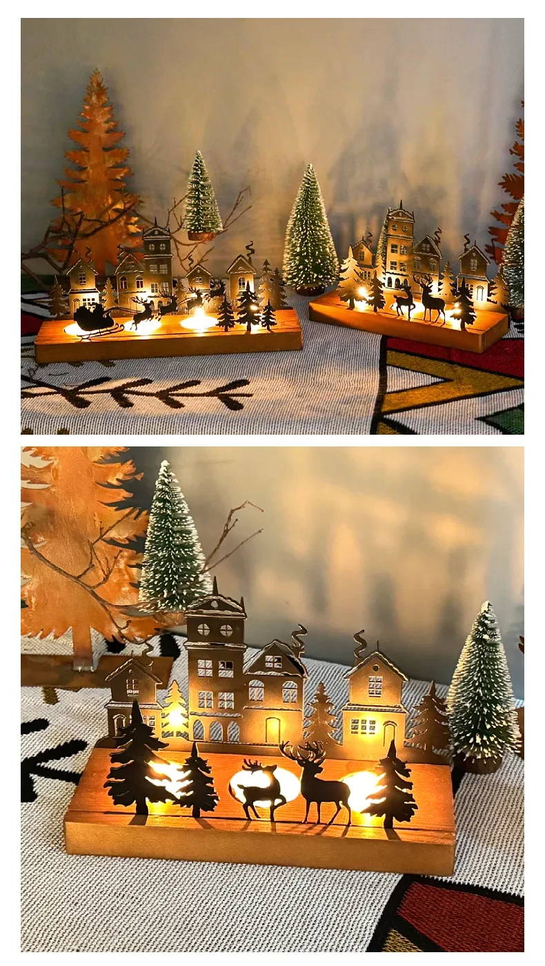 Wrought Iron Christmas Tree Candle Stick Wooden Base Candle Holder