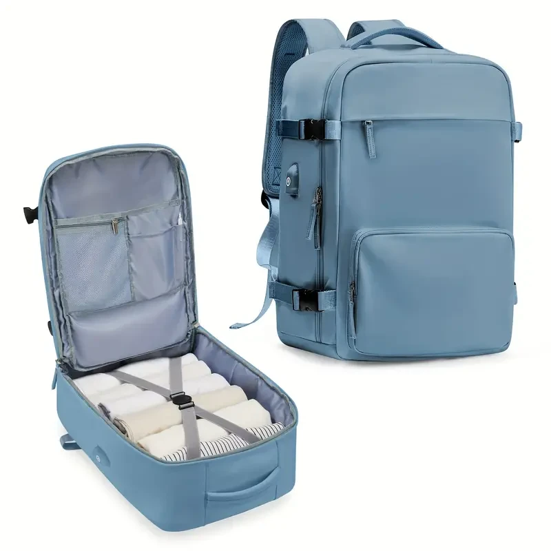 Casual Travel Portable Luggage Backpack with USB Charging Port & Trolley Strap - For Men and Women