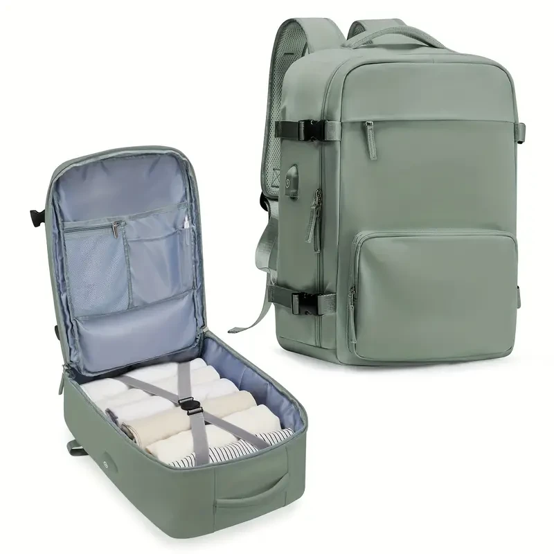Casual Travel Portable Luggage Backpack with USB Charging Port & Trolley Strap - For Men and Women