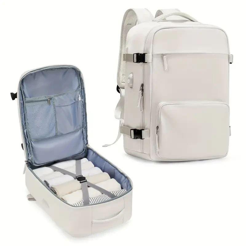 Casual Travel Portable Luggage Backpack with USB Charging Port & Trolley Strap - For Men and Women