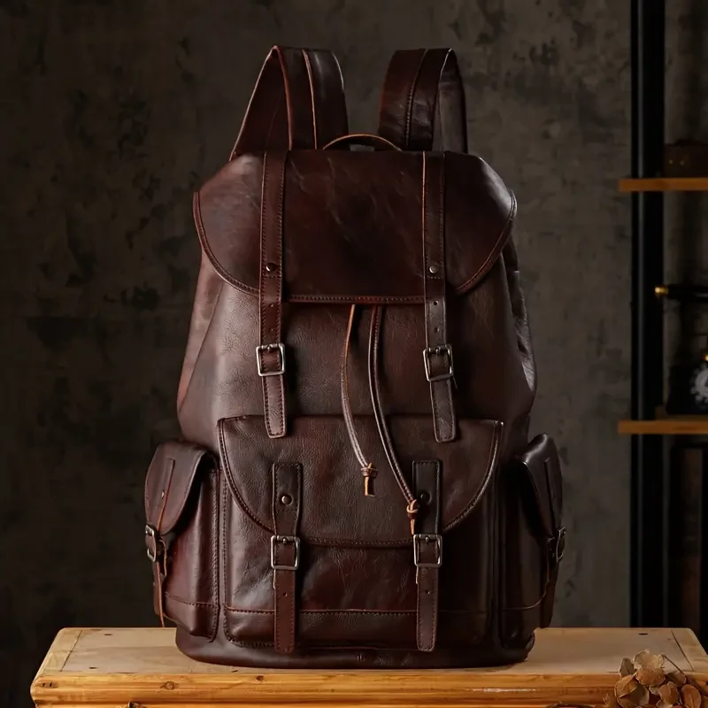 Retro Top Layer Cowhide Backpack - Large Capacity Fashion Travel Backpack