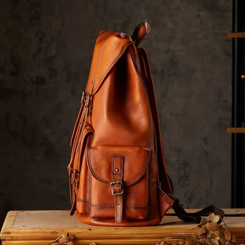 Retro Top Layer Cowhide Backpack - Large Capacity Fashion Travel Backpack