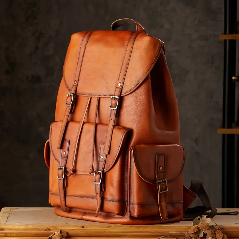 Retro Top Layer Cowhide Backpack - Large Capacity Fashion Travel Backpack