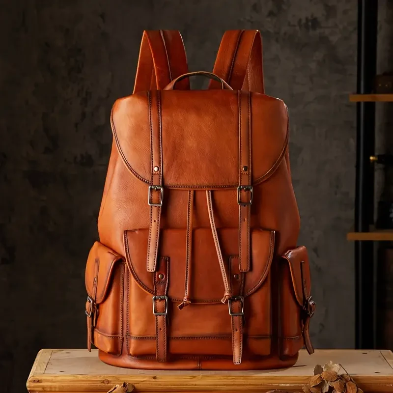 Retro Top Layer Cowhide Backpack - Large Capacity Fashion Travel Backpack