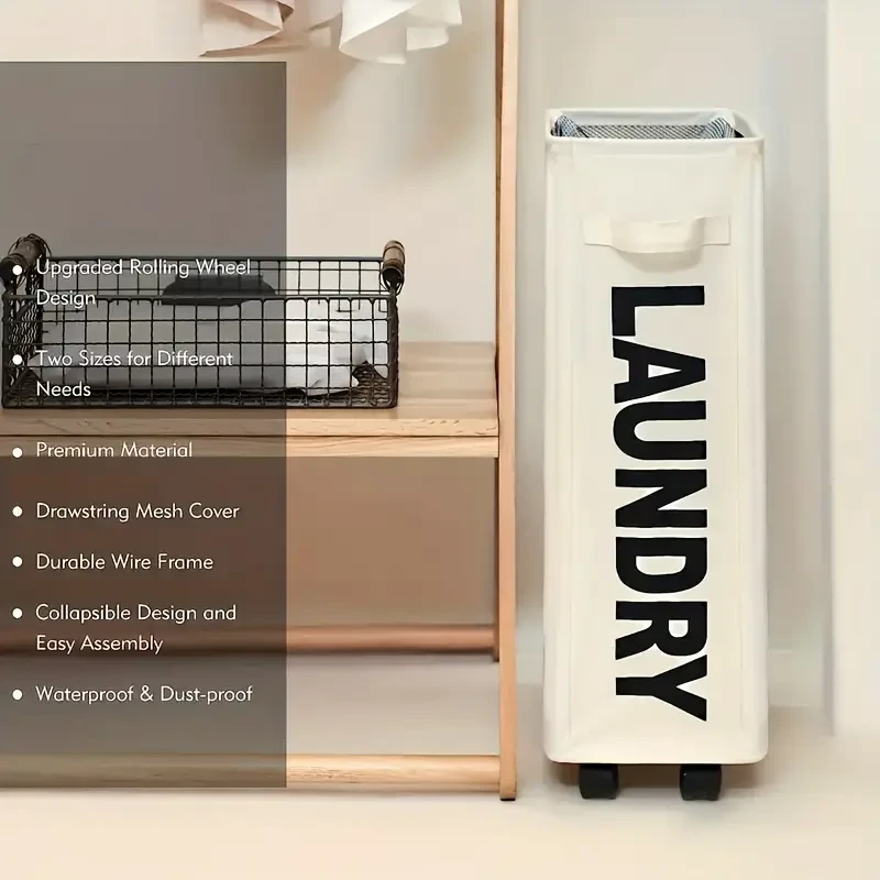 Narrow Slim Laundry Basket Collapsible Hamper with Wheels & Handle