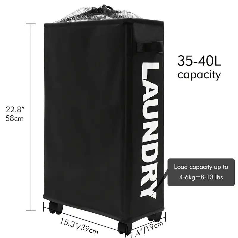Narrow Slim Laundry Basket Collapsible Hamper with Wheels & Handle