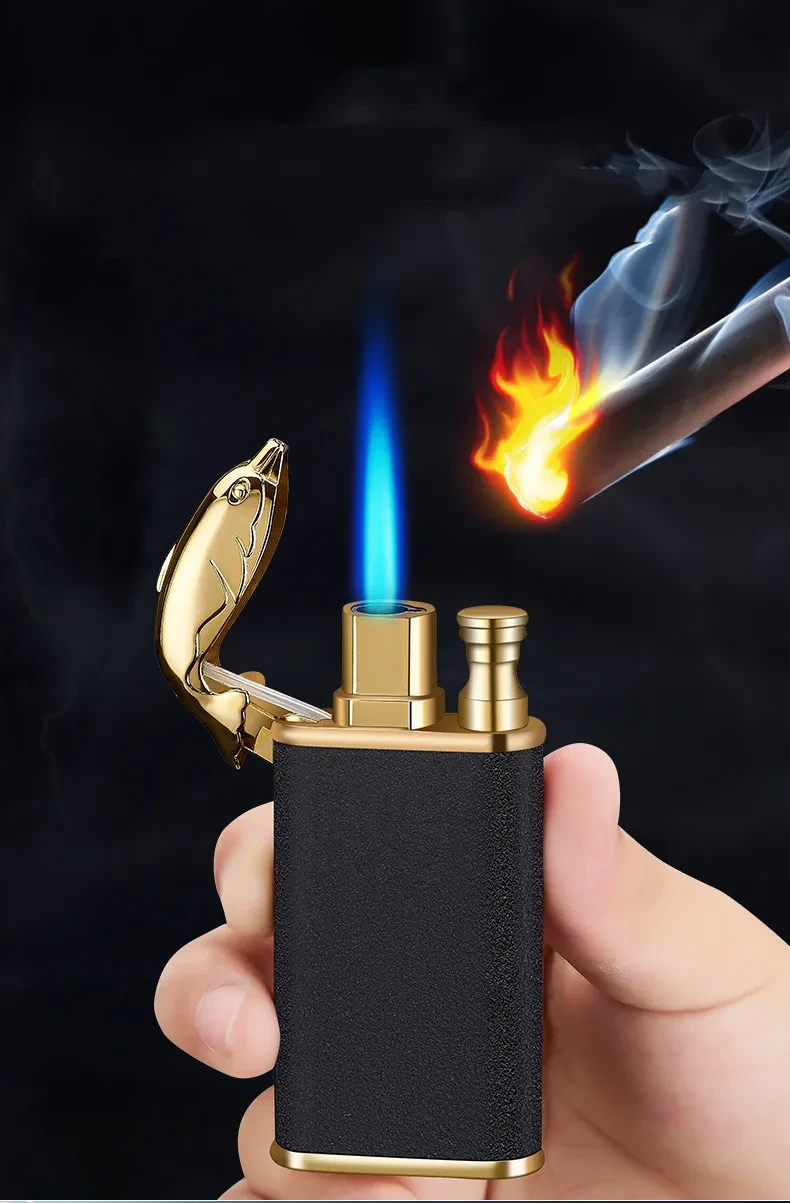 Creative Blue Flame Lighter Dolphin Dragon Tiger Double Fire Metal Winproof Lighter Inflatable Lighter