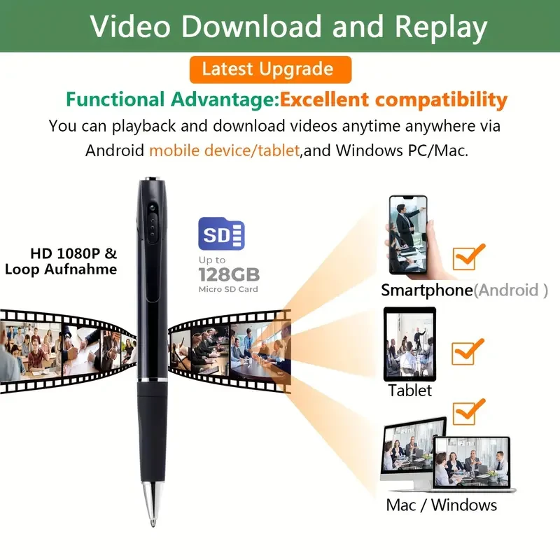 Full HD 1080P Mini Security Camera Pen - Portable with Local Recording