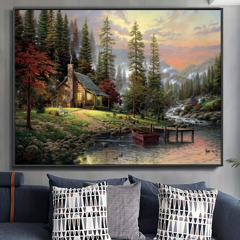 1pc Unframed Rustic Forest Lake Wooden House Scenery Canvas Poster