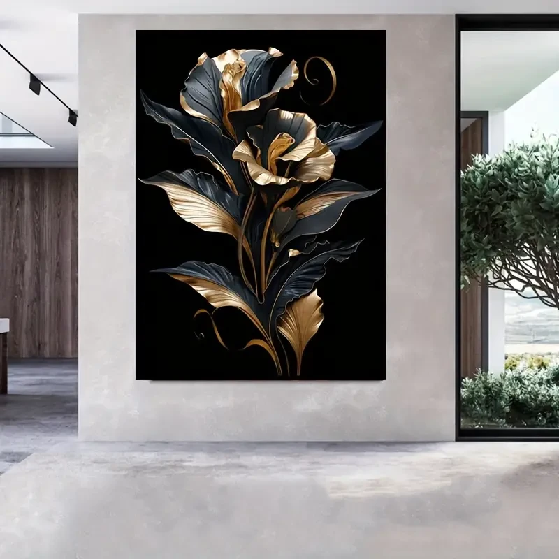 Black & Golden Floral Canvas Art Frameless Wall Decor
