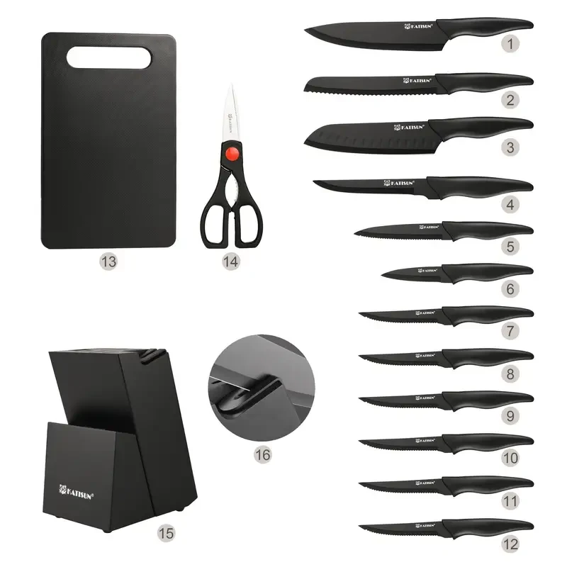 15 Pieces Professional Kitchen Knife Set with Black Wooden Block, Non-slip ABS Handle, Plastic Cutting Board, and Kitchen Shears