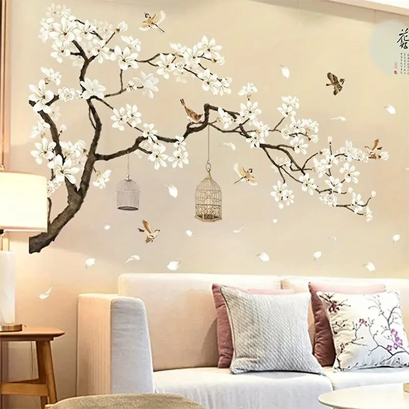 Chinese-Style Wall Stickers Flying Birds & White Flowers