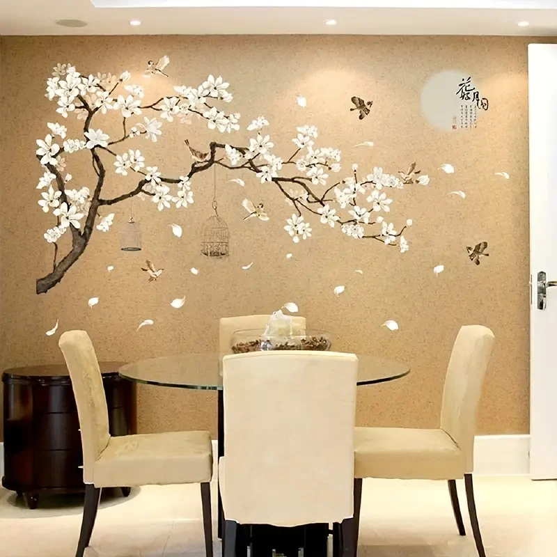Chinese-Style Wall Stickers Flying Birds & White Flowers