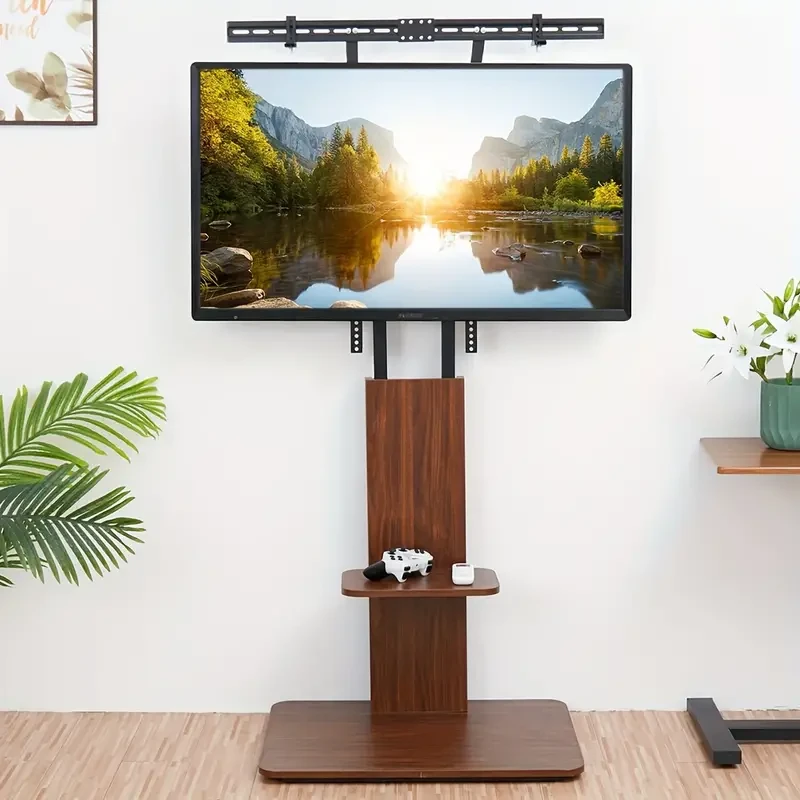 Industrial TV Floor Stand with Adjustable Mount & Wood Shelves