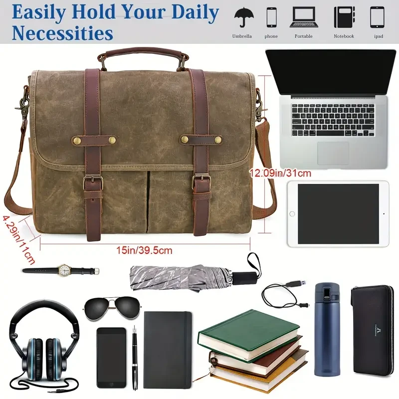 Genuine Cowhide Leather Messenger Bag - Waterproof, Large Capacity, Computer Laptop Briefcase with Shoulder Strap for Men