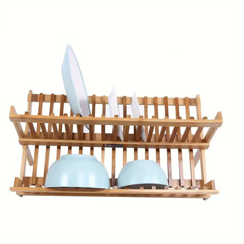 Double Tier Wooden Foldable Sink Dish Drainer Plate Cutlery Dryer Draining Rack Holder Kitchen