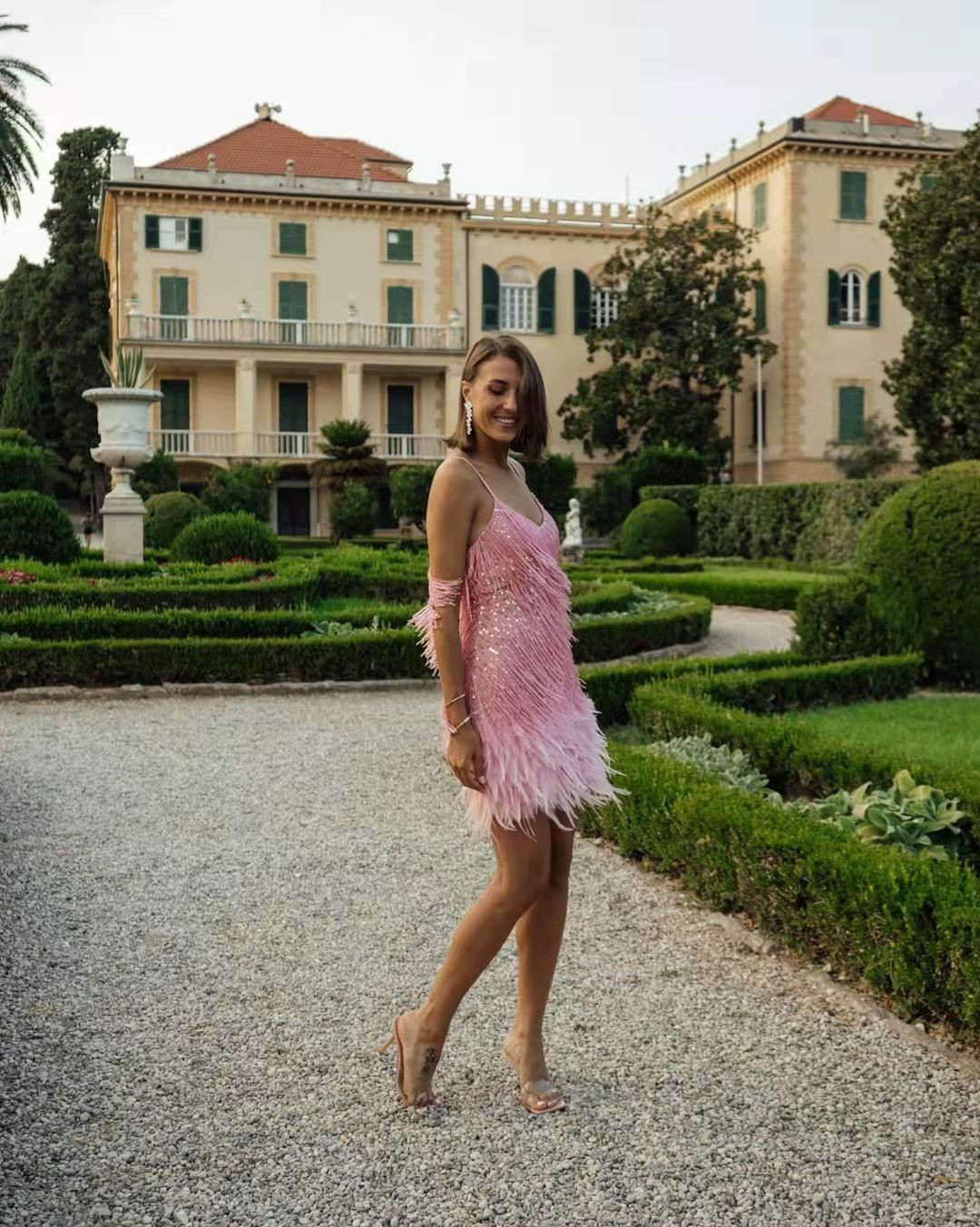 Twirl into Elegance - Fringed Sequin Dress with Feather Stitching