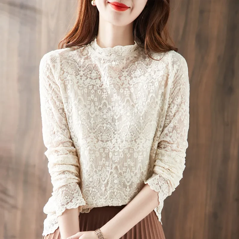 Standing Collar Style With Long Sleeve Lace Shirt Woman