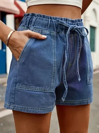 Women's Plus Size Summer Jeans Elastic Waist Tie Solid Color