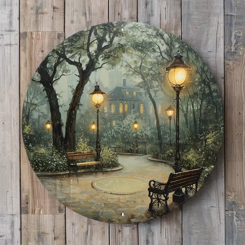 Vivid Nostalgic Victorian Park Scene with Lampposts and Benches
