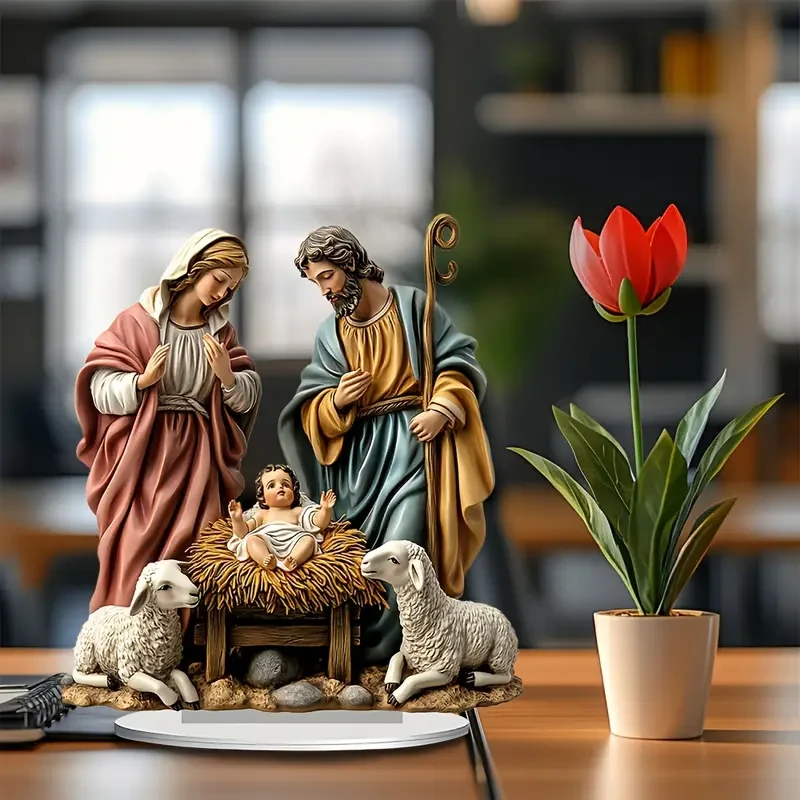 Classic Jesus Birth Acrylic Ornaments, Warm Shepherd Theme Decoration