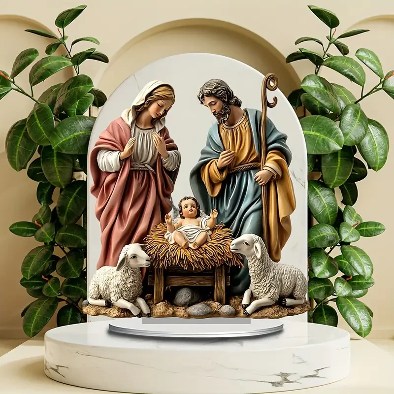 Classic Jesus Birth Acrylic Ornaments, Warm Shepherd Theme Decoration