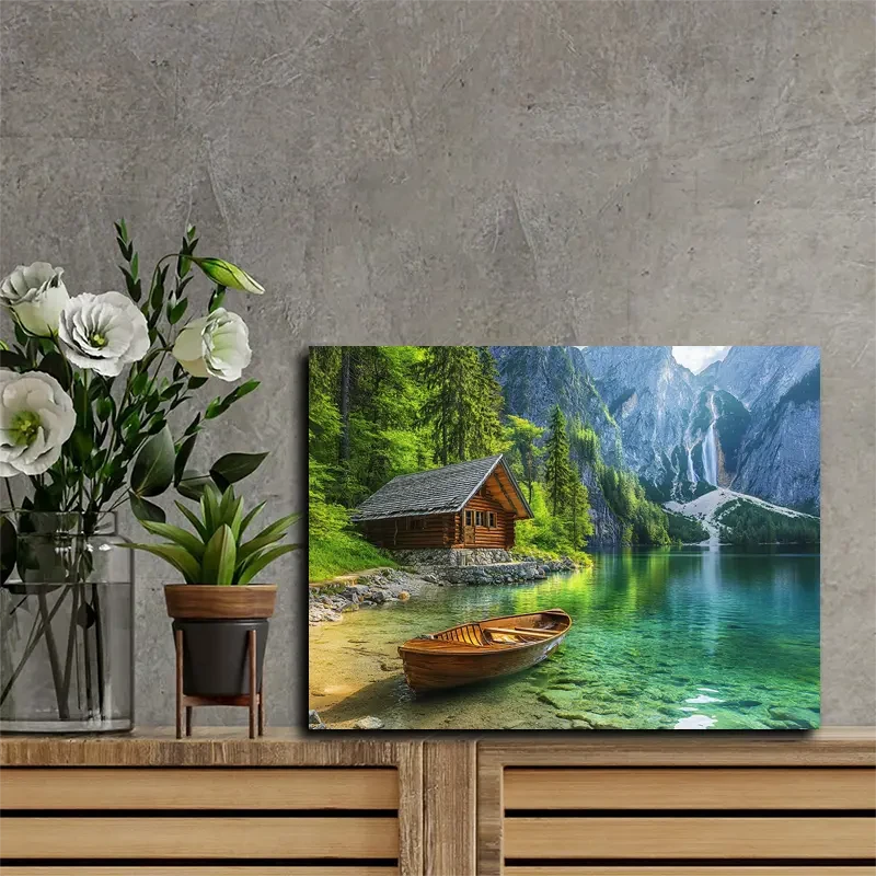 29.97x39.88cm, Serene Log Cabin by Water with Boat