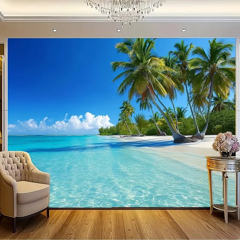 Vibrant Ocean Beach Tapestry - Tropical Paradise Wall Hanging with Coconut Tree