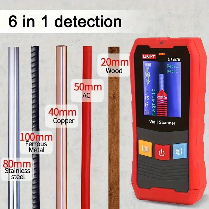 UNI-T UT387E Wall Scanner Stud Finder, 6-in-1 Multi-Function Detection with Voice Prompt and LCD Display for Center Edge Detecting Metal