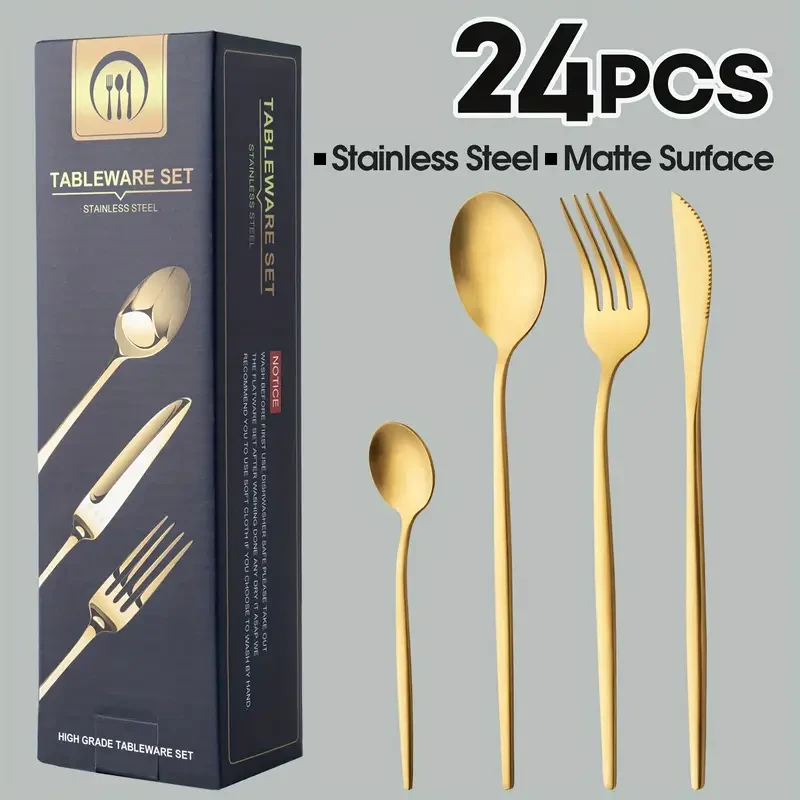 Golden Stainless Steel 304 Cutlery Set Dinner Knife Fork Spoon 24pcs Gift Set