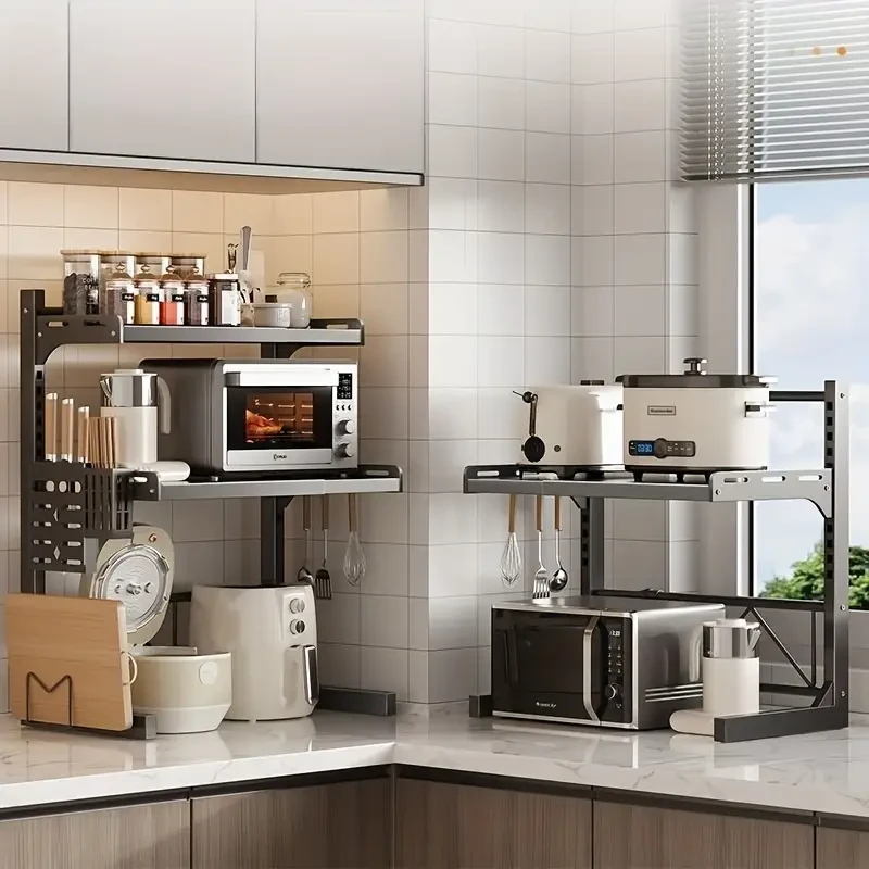 Easy-Install Expandable Kitchen Organizer - Multi-Layer Microwave & Appliance Storage Rack, Cast Iron with Metal Tubing