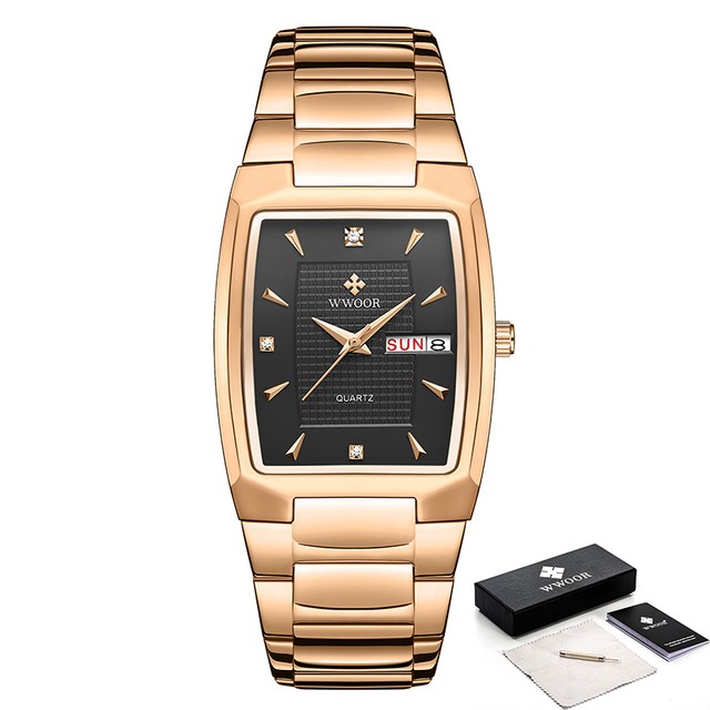 WWOOR 2024 Mens Square Watch  Luxury Gold Stainless Steel Quartz Wristwatch