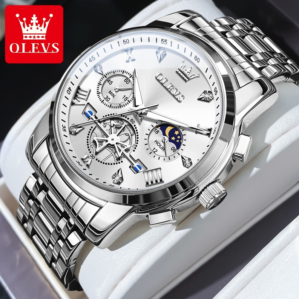 OLEVS Mens Classic Multifunction Quartz Watch  Flywheel Chronograph with Moon Phase & 24-Hour Display