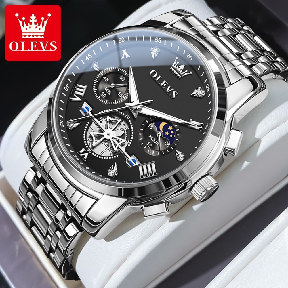 OLEVS Mens Classic Multifunction Quartz Watch  Flywheel Chronograph with Moon Phase & 24-Hour Display